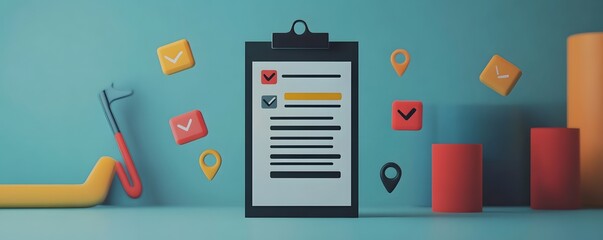 A colorful digital composition featuring a checklist on a clipboard, surrounded by various icons and symbols representing tasks, locations, and completion