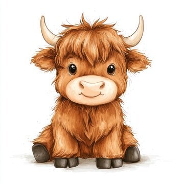 Cute highland cow illustration sitting against white background