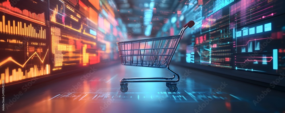Poster a digital shopping cart stands against a vibrant display of data and analytics, symbolizing the inte