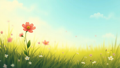 Fototapeta premium Vibrant wildflowers blooming in sunny meadow, lush green grass, serene blue sky and soft clouds, nature tranquility concept