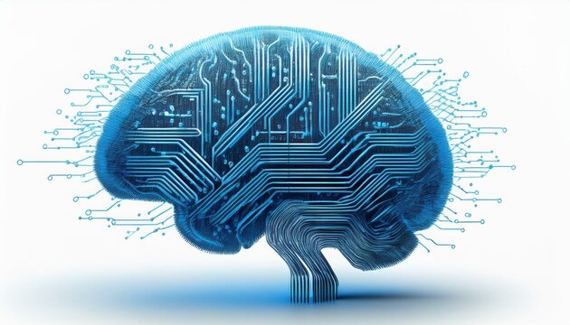 brain shaped network with blue circuit patterns binary code surrounding the shape isolated on white concept of technology and connection