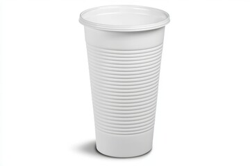White plastic cup with ribbed design and lid.