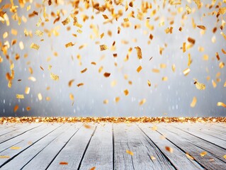 Falling Gold Confetti Wooden Floor Background