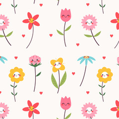 Seamless pattern with mascot flowers. Floral springtime illustration.