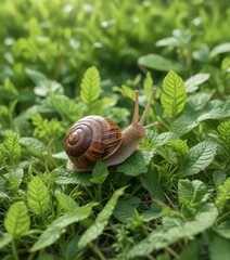 A snail enjoying a crunchy mint leaf in the grass, fresh mint, plant life, tiny beast