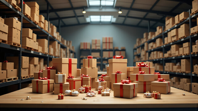 A vibrant warehouse filled with neatly arranged gift boxes, showcasing various sizes and colorful ribbons.