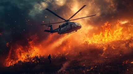 Fire Helicopter Dropping Water Over Raging Forest Fire – Dramatic Wildfire Battle and Emergency Response Scene in Effort to Control Destructive Blaze