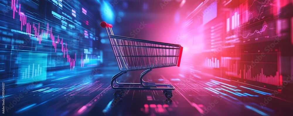 Poster a futuristic shopping cart illuminated by vibrant data visualizations, symbolizing the intersection 