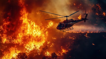 Fire Helicopter Dropping Water Over Raging Forest Fire – Dramatic Wildfire Battle and Emergency Response Scene in Effort to Control Destructive Blaze