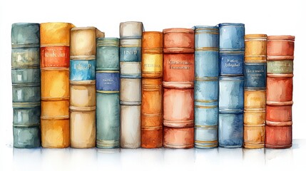 Watercolor painting of a row of antique books.