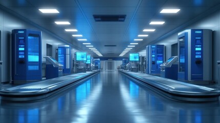 Futuristic airport baggage claim conveyor belt system with automated kiosks and displays in a modern, sterile environment.