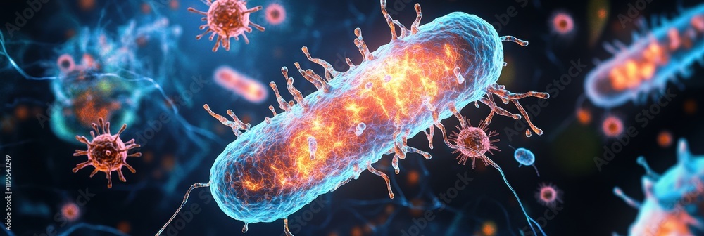 Poster Magnified view of a human cell under attack by a virus showing dynamic interaction and cellular structure. Generative AI