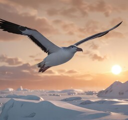 Obraz premium A solitary albatross soars above the icy landscape of Antarctica, its snowy feathers glistening in the pale orange glow of dawn, Antarktis, Landschaft, Flügel