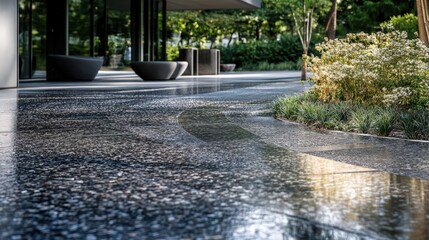 Reflective wet stone pathway with modern architecture and garden landscaping