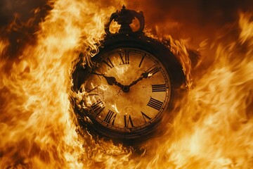 Antique clock ablaze in intense flames and smoke.