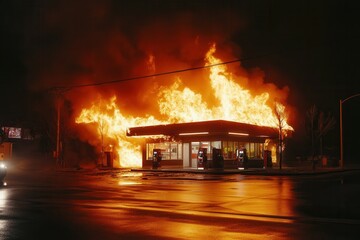 Gas station engulfed in flames at night on empty roadway.