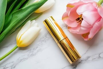 Elegant lipstick and vibrant tulips on marble celebrate International Women's Day, femininity, luxury, and empowerment concept