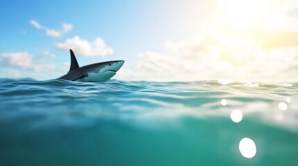 Fototapeta premium Serene shark gracefully breaches turquoise water bathed in warm sunlight. AI Generated