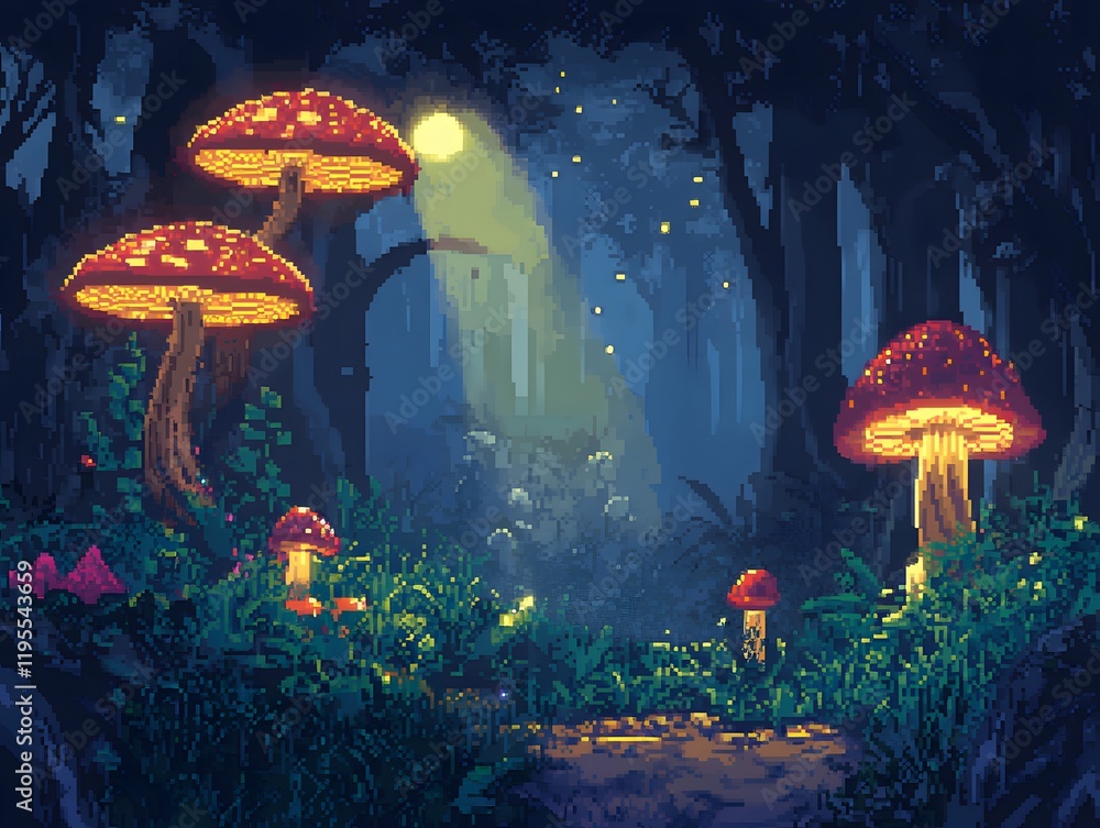 Poster a magical forest scene illuminated by glowing mushrooms, surrounded by lush vegetation and soft ligh