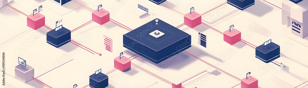 Poster a modern digital landscape depicting interconnected data blocks and a central processing unit, symbo