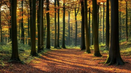 Obraz premium Golden Autumn Forest Path Serene Autumnal Woodland Scene