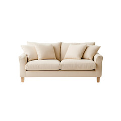 A modern, plush sofa featuring multiple cushions and wooden legs, Isolated on white background