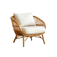 A stylish rattan chair featuring a plush white cushion, designed for comfort and aesthetic appeal, Isolated on white background