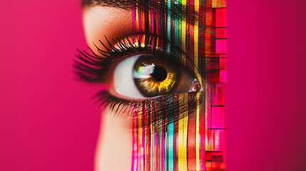 Close up of a woman's eye with vertical stripes of colour against a perfect fuchsia background.