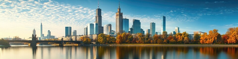 Obraz premium Aerial View of Warszawa: Captivating Cityscape with Skyscrapers and Urban Architecture against a Scenic Horizon