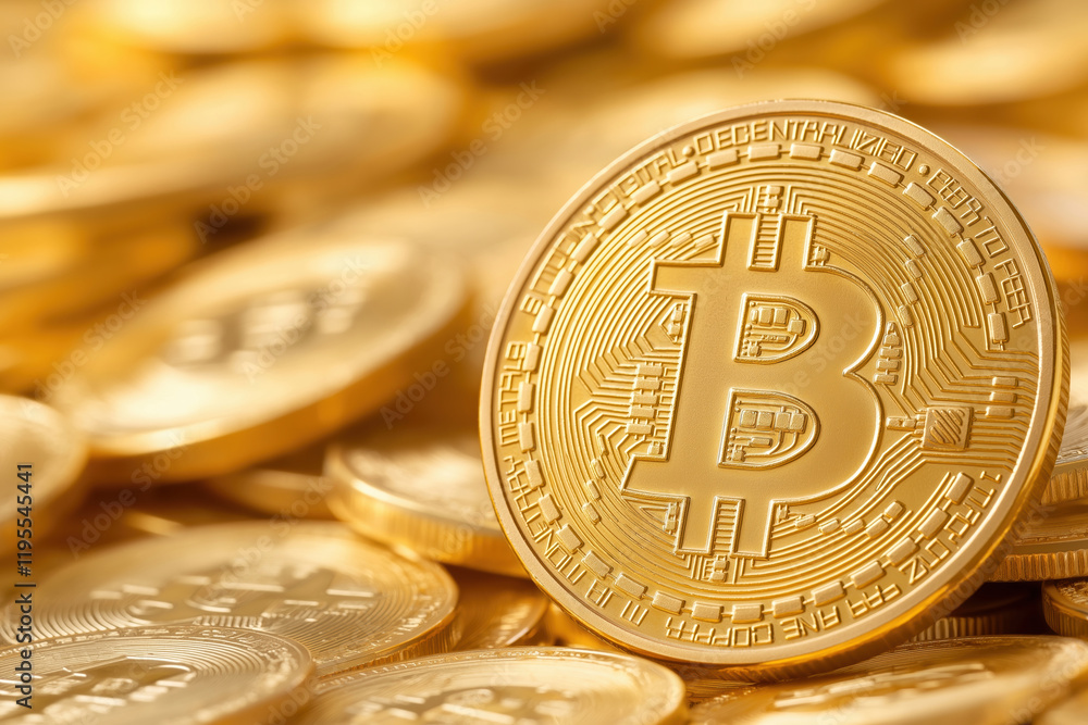 Poster golden bitcoin coins stacked in a vibrant display reflecting digital currency value
