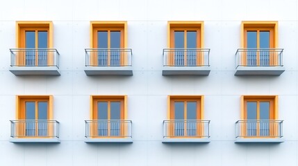 Obraz premium Modern building facade shows eight neatly arranged balconies with orange frames bathed in soft sunlight. AI Generated