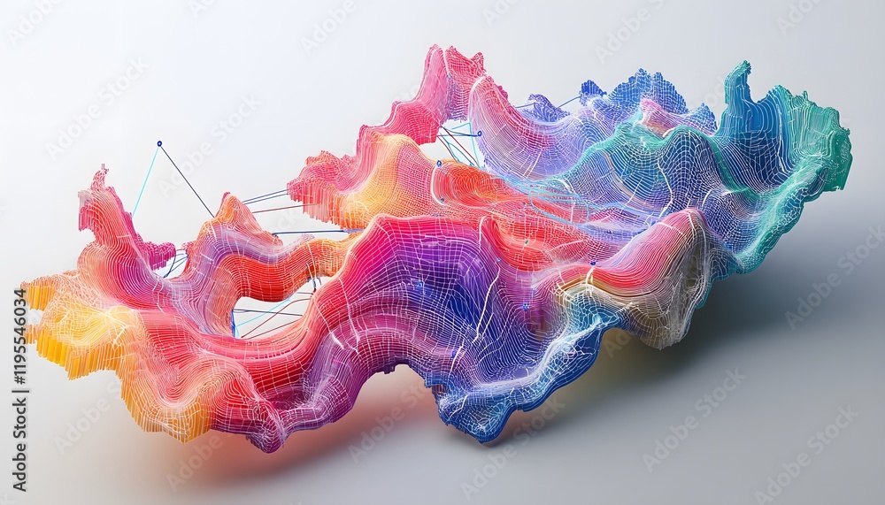 Poster a vibrant abstract 3d art piece showcasing fluid shapes and colorful waves, perfect for use in digit