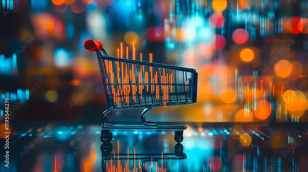 Poster a vibrant and artistic composition of a shopping cart set against a backdrop of colorful bokeh light