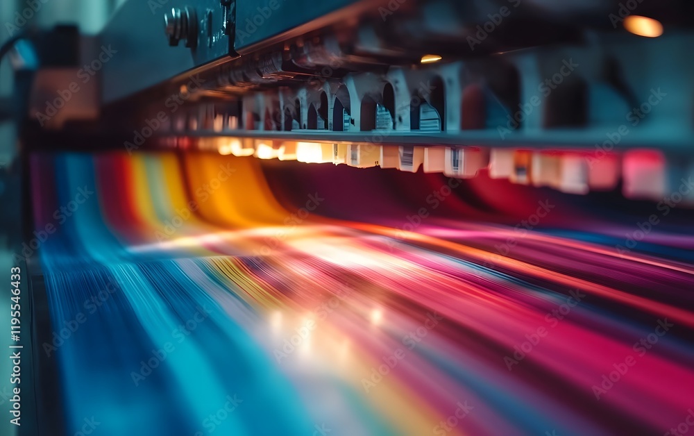 Poster a vibrant and colorful print process showcasing streams of ink flowing from a printer, illustrating 