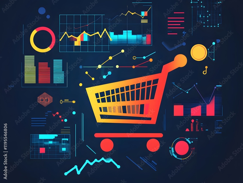 Poster a vibrant digital illustration showcasing a shopping cart intertwined with various data visualizatio