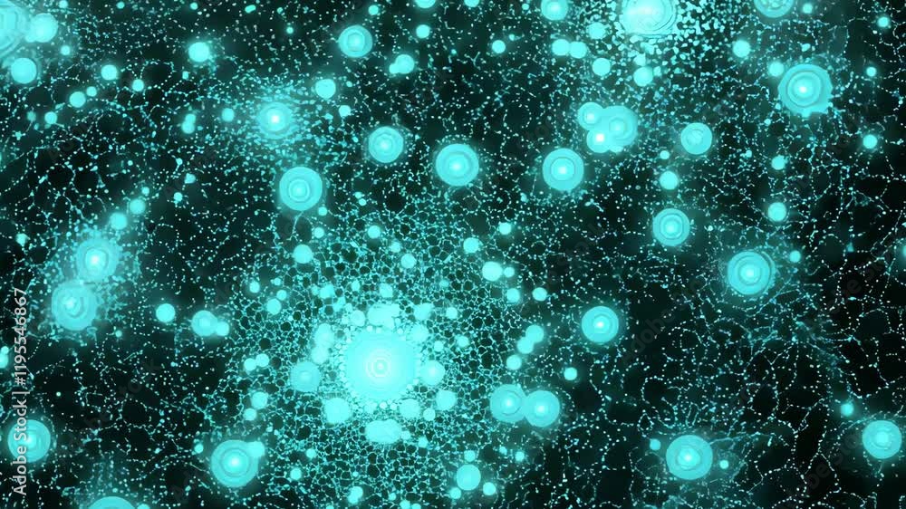 Poster a fractal inspired pattern of glowing hexagons in bright cyan on a black background