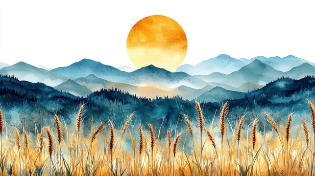 Watercolor painting of a sunset over layered blue mountains and golden wheat field.