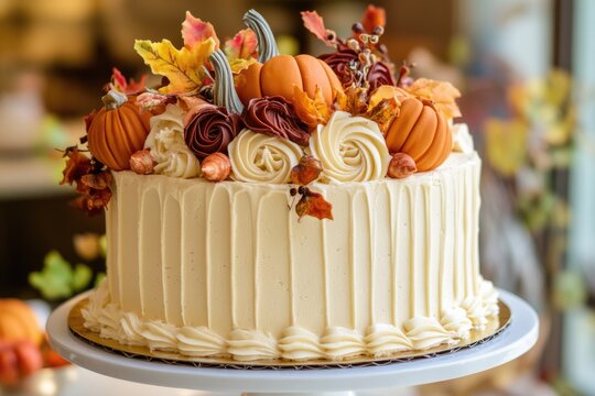 Seasonal Indulgence: Tempting Autumn Cakes Decorated with Pumpkin and Frosting in Cozy Indoor Setting