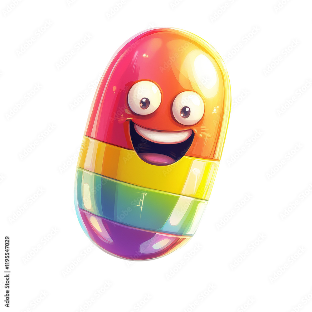 Aufkleber a digitally rendered illustration of a happy rainbow colored capsule character with a cheerful expre