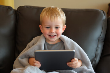Young child smiles while using a tablet on a cozy couch at home during the day