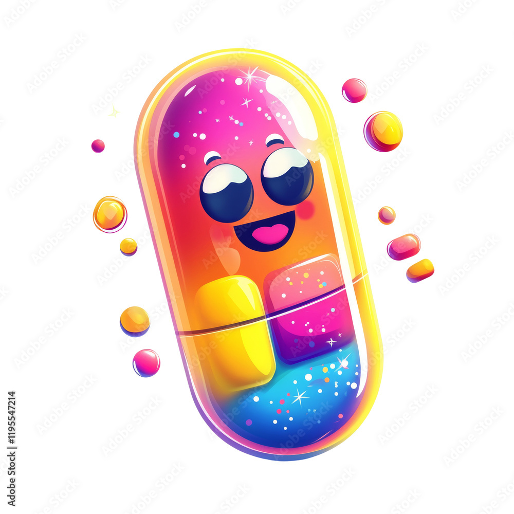 Poster a cheerful cartoon capsule character filled with colorful cubes and sparkles floats against a black 