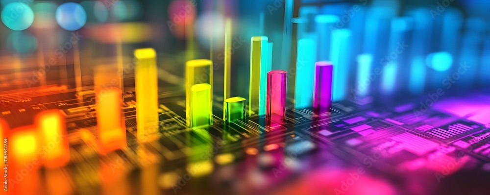 Poster a vibrant representation of data visualization featuring colorful bars on a digital background. this