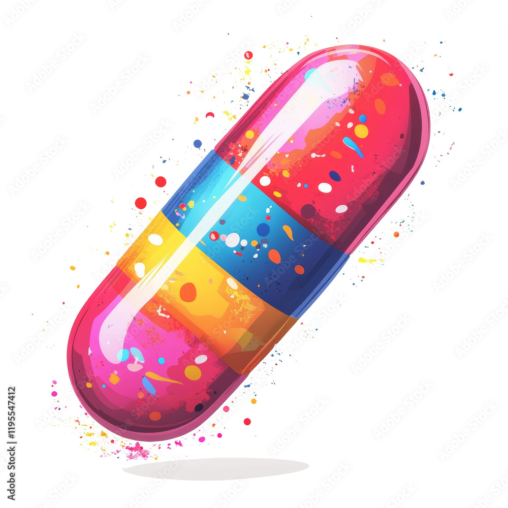 Poster a stylized illustration of a colorful capsule pill with a vibrant design and paint splatter effect.