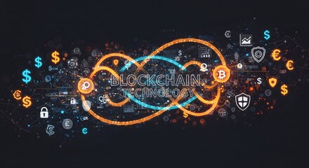 Blockchain technology concept with interconnected devices and nodes. Digital network showcasing blockchain technology with security icons.