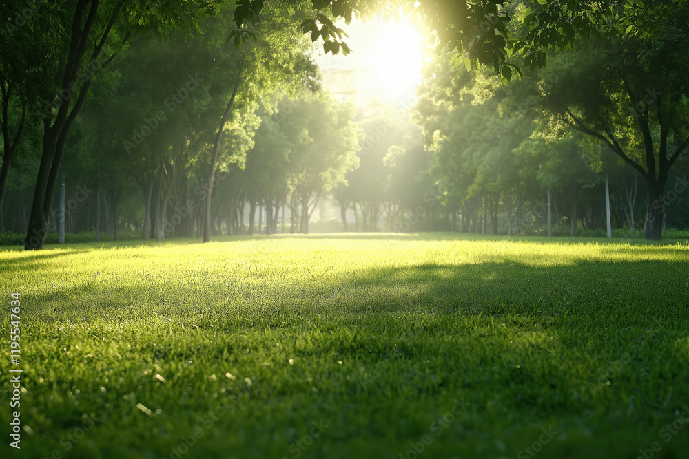 Poster sunlight filters through trees in a tranquil park at dawn