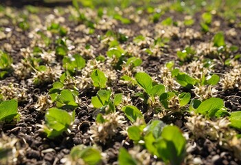 Obraz premium Bean plant sprouts and emerges through the soil, pushing upwards as it begins its growth. 