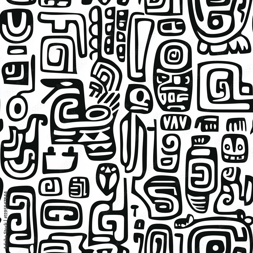 Poster abstract pattern of black and white ancient symbols and glyphs on a textured background.