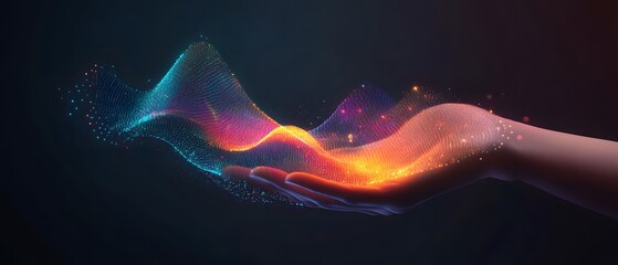 A vivid display of energy flowing from an open hand, representing the concept of digital creativity and innovation