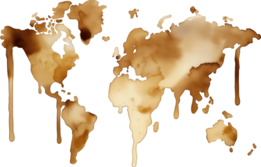 Colorful coffee stain paint world map on transparent background.