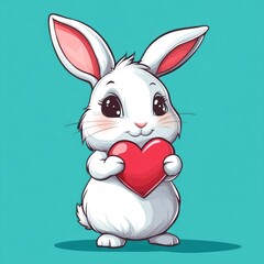Cute cartoon bunny holding a heart, teal background, graphic design, possible use greeting card